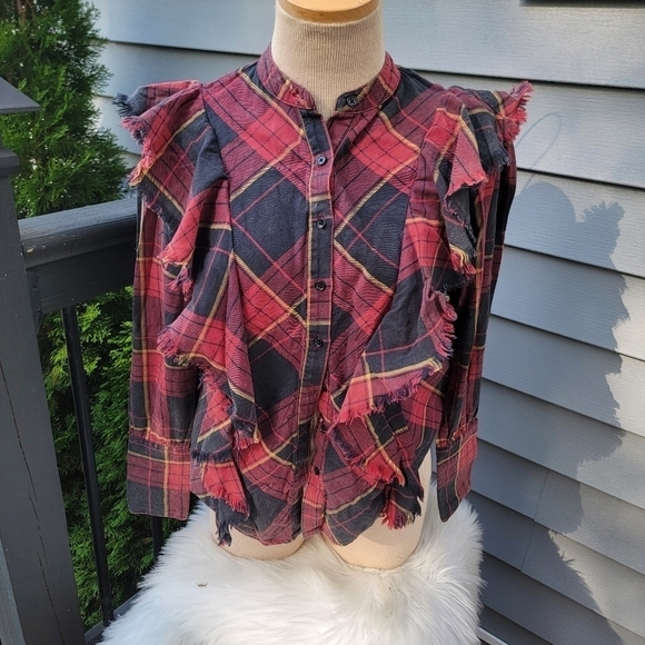 2/$20 Maison Cinqcent Plaid Ruffle Button Down Top S - Picture 2 of 12